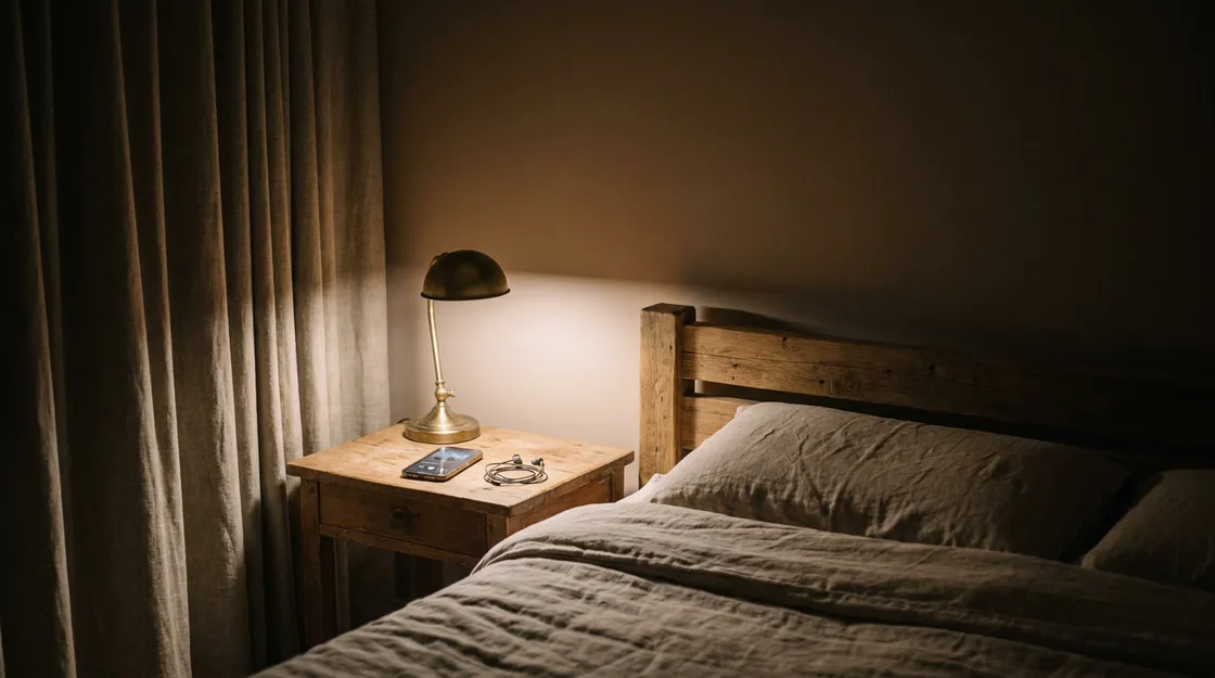 High-end bedroom at night seen from across the room: curtains closed, a designer bedside lamp on low, a phone on the nightstand with an audio track paused, and earbuds resting beside it, not in anyone's ears