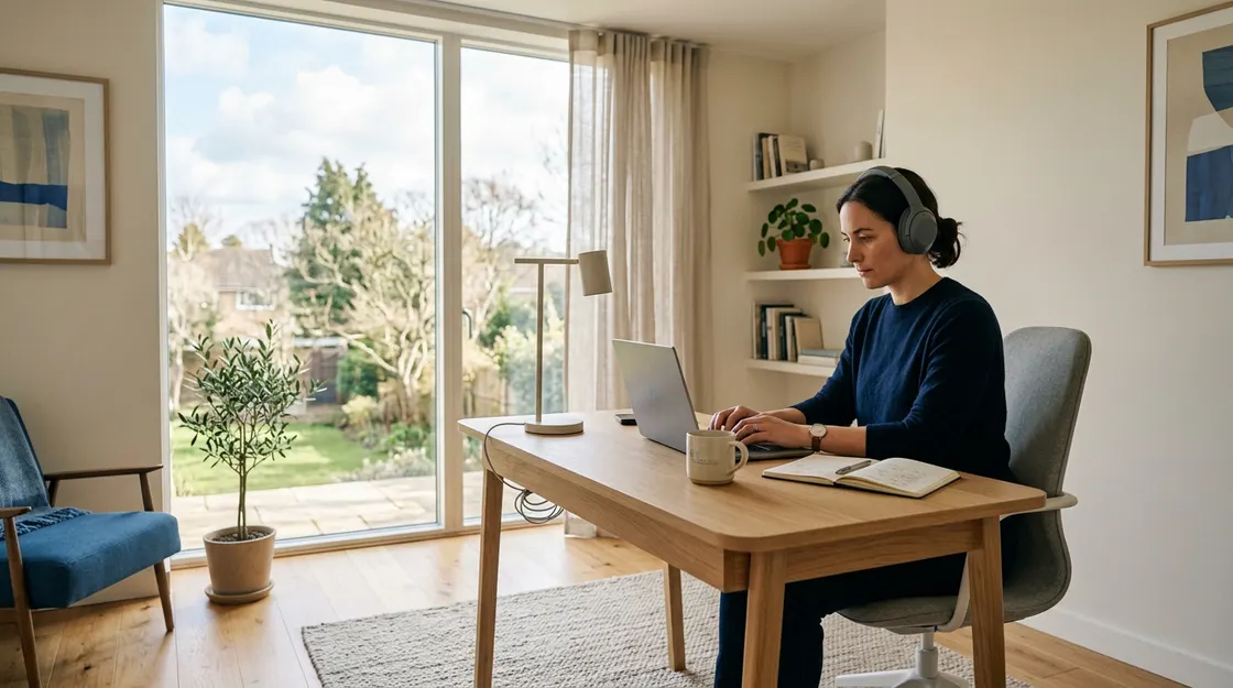 Woman wearing over-ear headphones working at a wooden desk in a bright home office with a large window