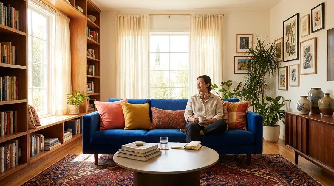Woman relaxing on a blue velvet sofa in a bright, colorful reading room, headphones resting around her neck, a mug and an open book nearby, calm and alert expression