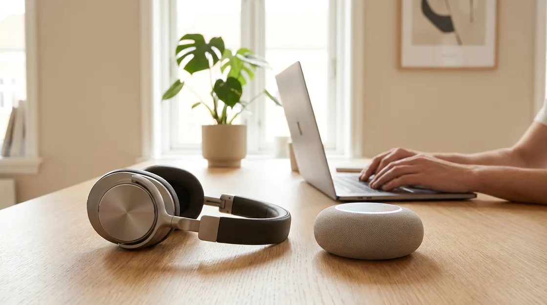 Over-ear headphones and a small smart speaker side by side on a wooden desk, person working on a laptop in the background