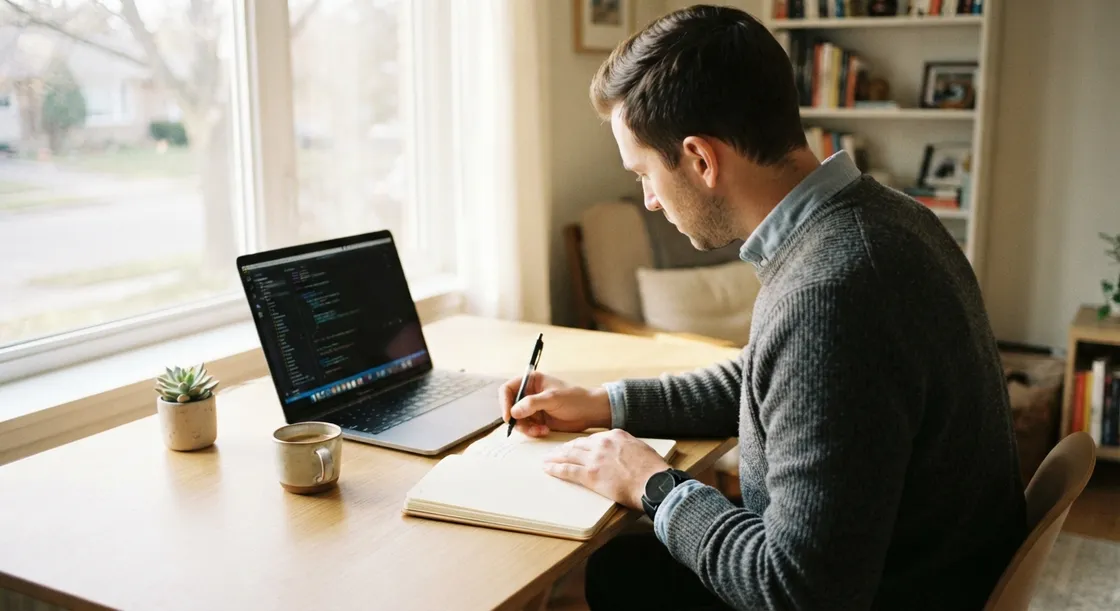 Man at a home desk in soft morning window light, writing in a notebook with coffee beside him