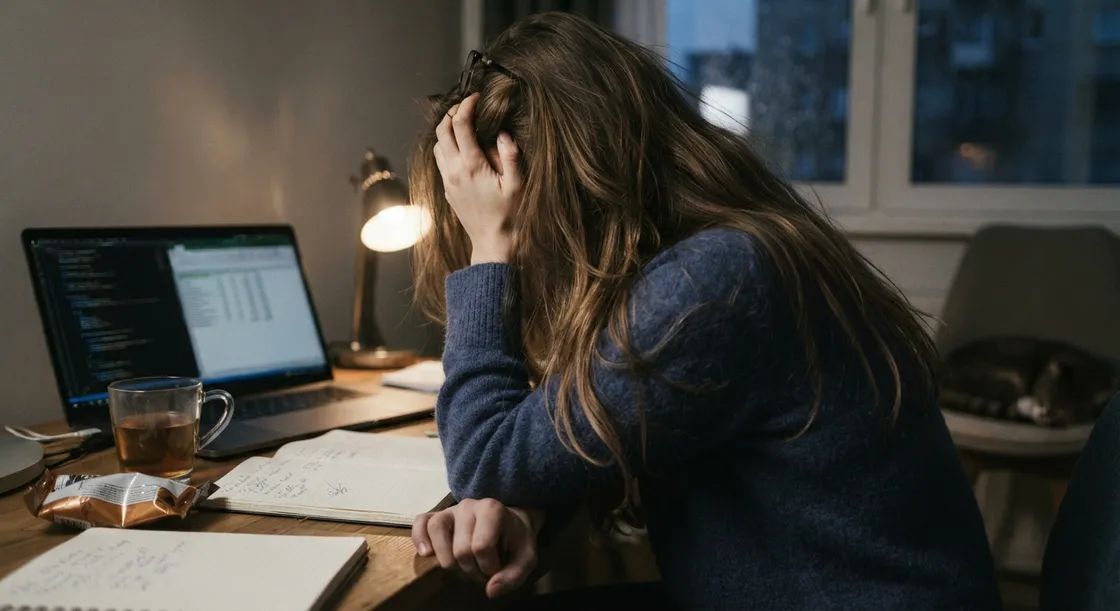 Woman at a desk late at night, head resting in her hand, exhausted in front of a laptop and notebook