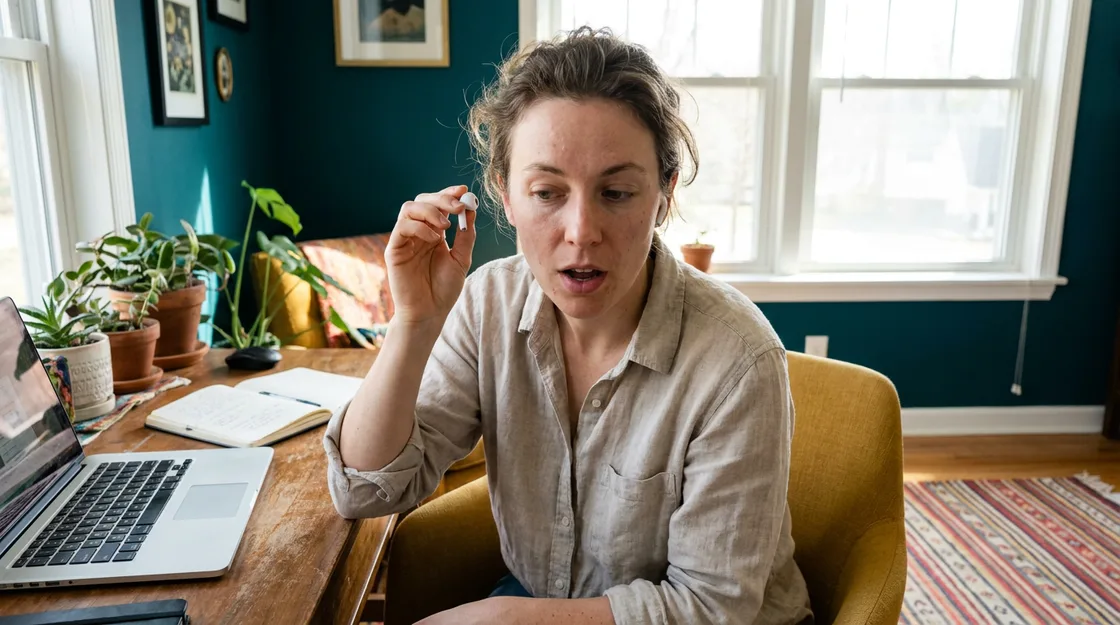 Person at a desk holding one wireless earbud in their hand while looking at it, laptop and notebook nearby, daylight from a window