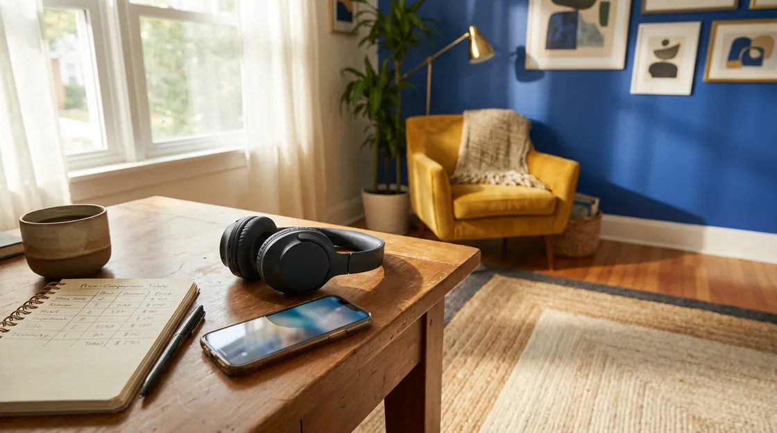Desk seen from a distance with headphones, a phone, and a notebook with a handwritten price comparison table