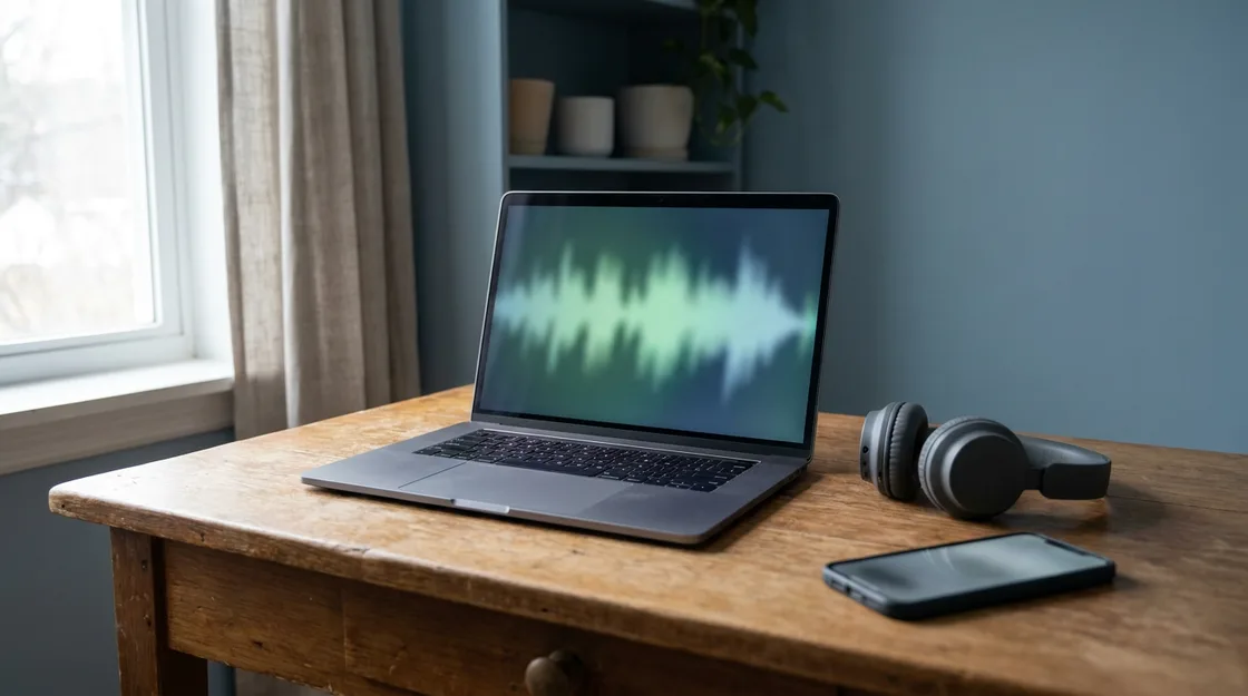 Wide view of a desk with a laptop showing an audio spectrum graph, headphones resting beside it, and a phone open to a video app