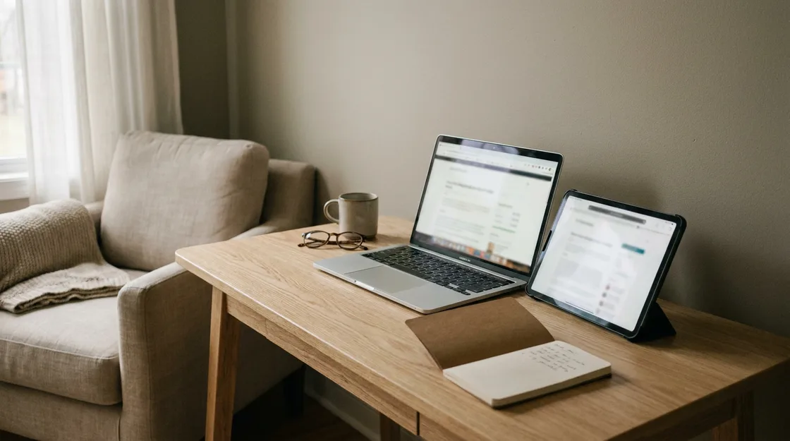 Home office seen from a distance with a laptop and a tablet side by side, each showing a different sales page, and a notebook with a hand-drawn comparison table