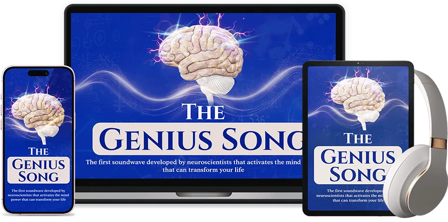 The Genius Song digital audio product shown on a laptop, tablet and phone with headphones and brain artwork